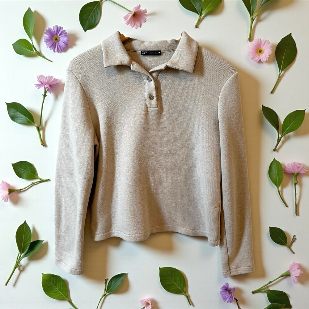 ZARA Long Sleeve Collared Pullover Polo Sweater Beige Womens Size Medium Classic